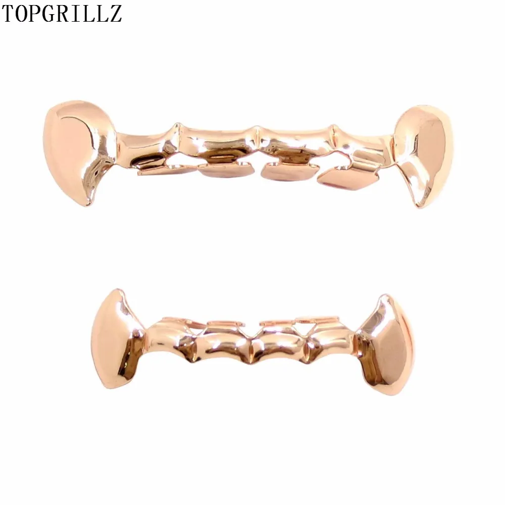 TOPGRILLZ Hip Hop Fang Teeth Grillz Set Gold Color Plated Half Teeth Dracula Vampire Fangs Slim Grills Gold Top & Bottom Grillz Teeth Set