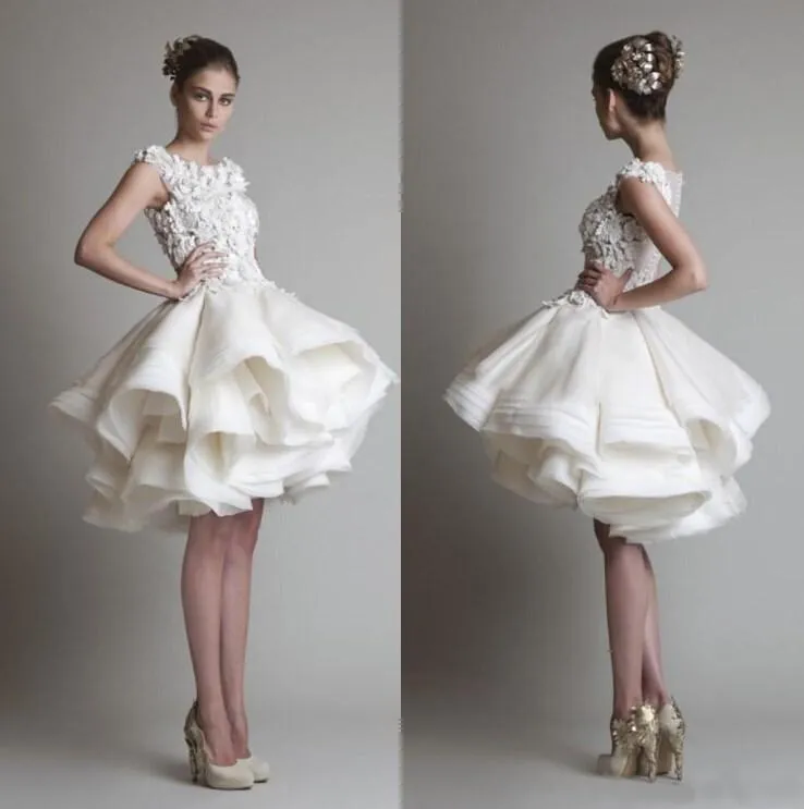 Free Shipping Krikor Jabotian Short Lace Wedding Dresses Bateau Cap Sleeves Backless Knee Length A-line Chiffon Beach Bridal Gowns