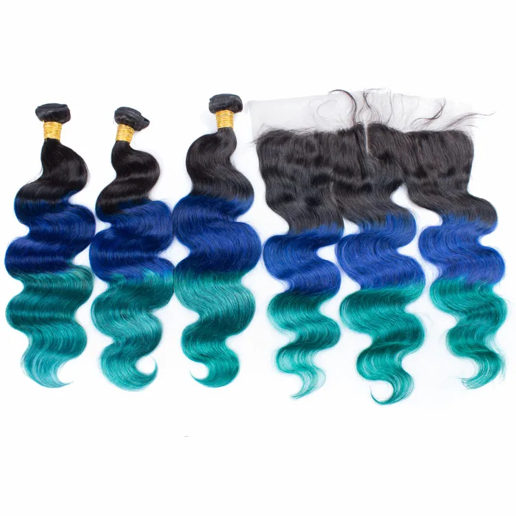 Pacotes brasileiros de tecelagem de cabelo humano de três tons com onda corporal frontal 1B / azul / verde Ombre cabelo tece com fechamento frontal de renda completa 13x4