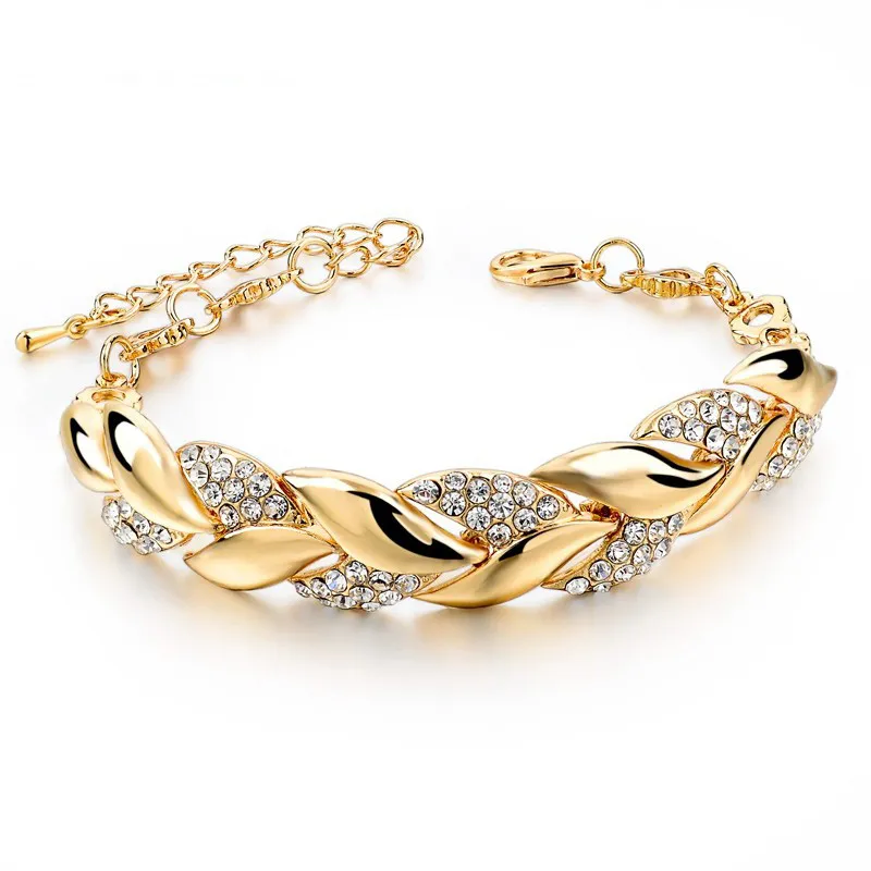 Heißer Geflochtene Gold farbe Blatt Armbänder Armreifen Mit Steinen Luxus Kristall Armbänder Für Frauen Hochzeit Schmuck