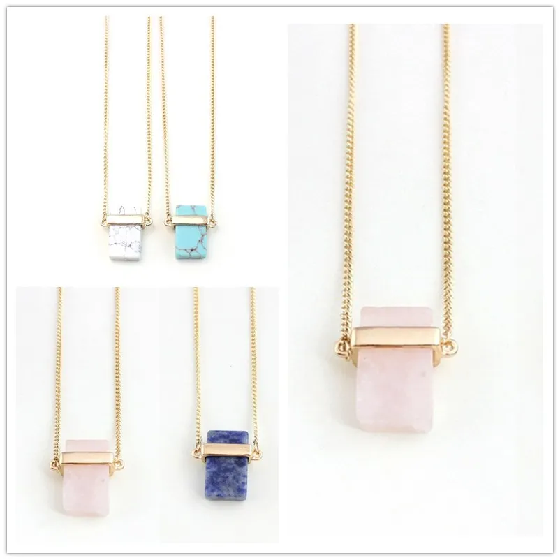 Mode 4Colors Blue Pink Quartz Turkos halsband Rektangel Natursten Guldpläterad Tröja Långa halsband för kvinnor Smycken