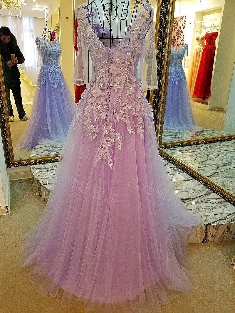 Robes de bal violet clair fée manches longues balayage train plis tulle applique avec perles lacets dos robes de piste sexy illusio233l