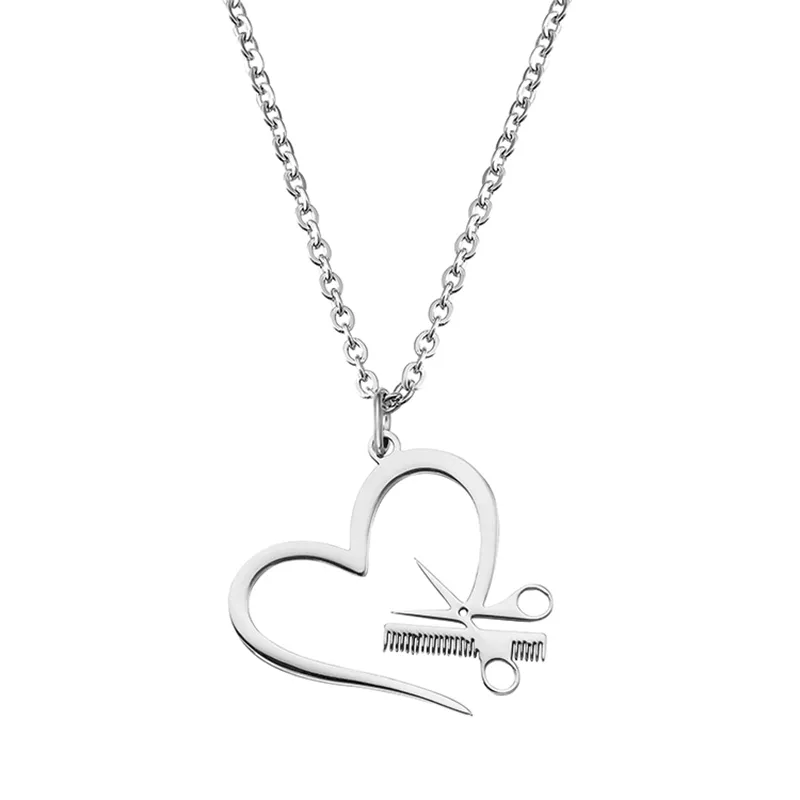 Scissors Comb Pendant Necklace Heart-shaped Stainless Steel Silver Gold Lover Link Chain For Women Gift Charm Jewelry Wholesale