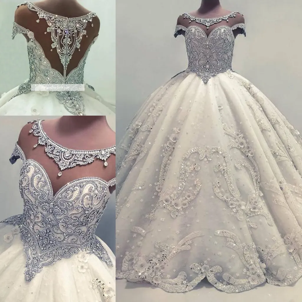 Luxuriöse Designer-Brautkleider mit Perlenkristallen und arabischen Ballkleidern, transparente Flügelärmel, Perlenstickerei, Pailletten, bauschige lange Brautkleider