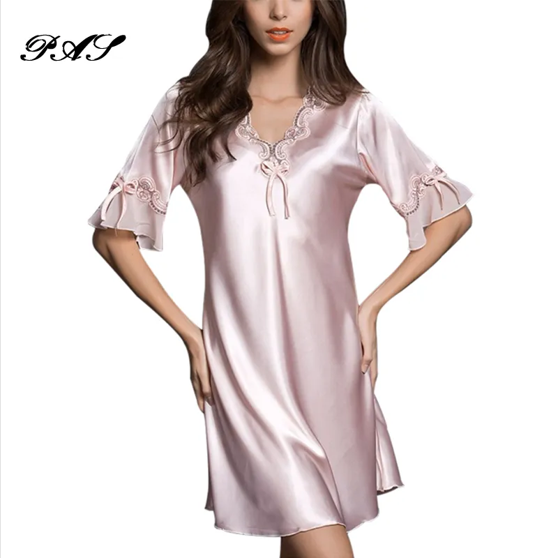 Satin Sleep Dress Ladies Plus Size Silk Nightgown With Lace Short Sleeve  Sleepwear For