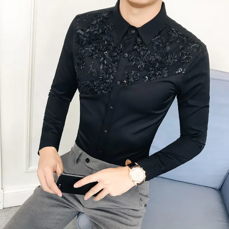 Camisa Masculina New Korean Slim Fit Tuxedo Men Shirt Long Sleeve Lace Patchwork Casual Dress Shirts Mens All Match Blouse 2 287 DHgate