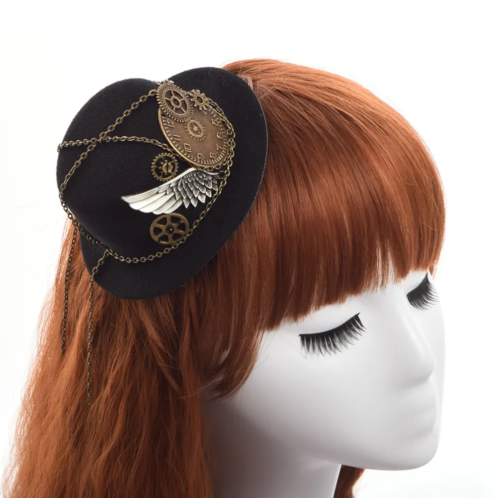 1 PC Kobiety Steampunk Lolita HairClipgoth Gear Wing Chain Design Mini Top Hat Hair Class Szybka przesyłka