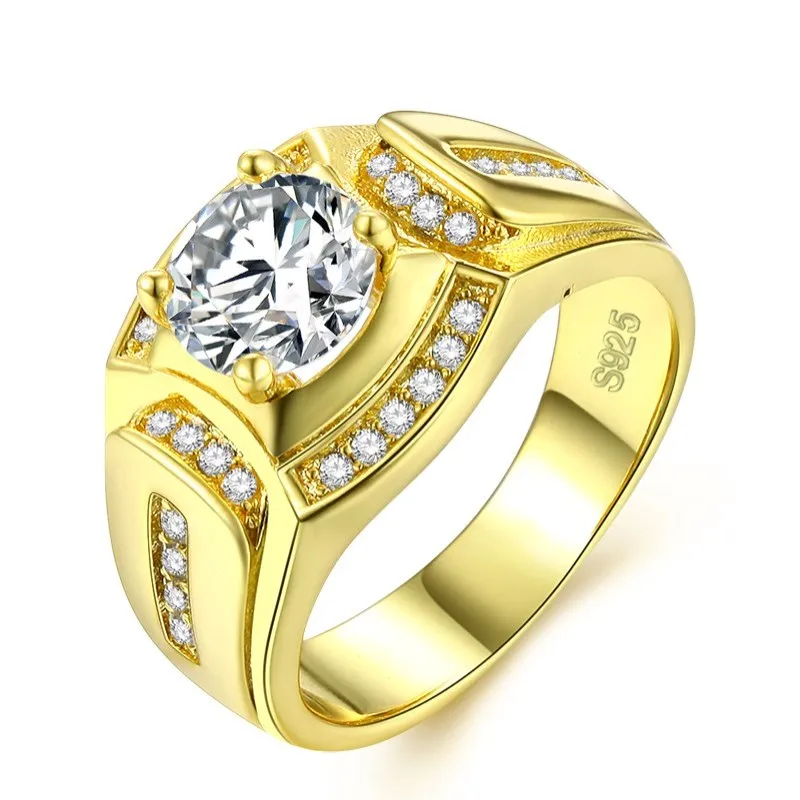 Massive Mens Ring Round Cut Zirconia 18k Yellow Gold Filled Prong Settings Fashion Ring Size 8,9,10
