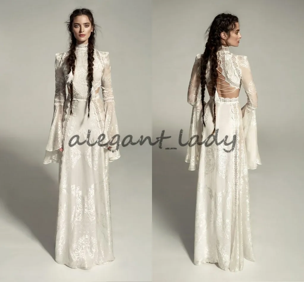 Meital Zano Great Victoria Medieval Wedding Down with Bell Sleeves Vintage Crochet Lace High Neck Gothic Queen Wedding Dresses327T