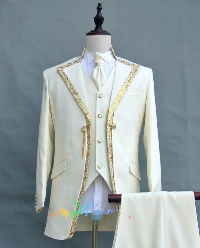 Echte foto One Button Ivory Wedding Bruidegom Tuxedos Notch Revers GroomsMen Mens Diner Blazer Pakken (Jas + Broek + Vest + Tie) NO: 1612