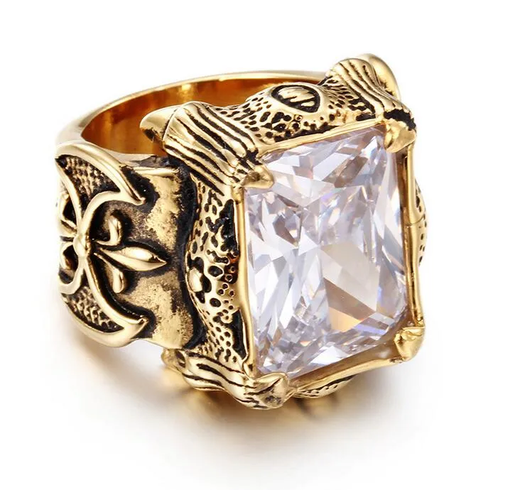 Vintage Gold Farbe Dragon Claw Ringe Hiphop Männer Edelstahl Big Rot Grün Lila Weiß CZ Zirkon Kristall Stein Kreuz ring Männer Punk Rock Schmuck