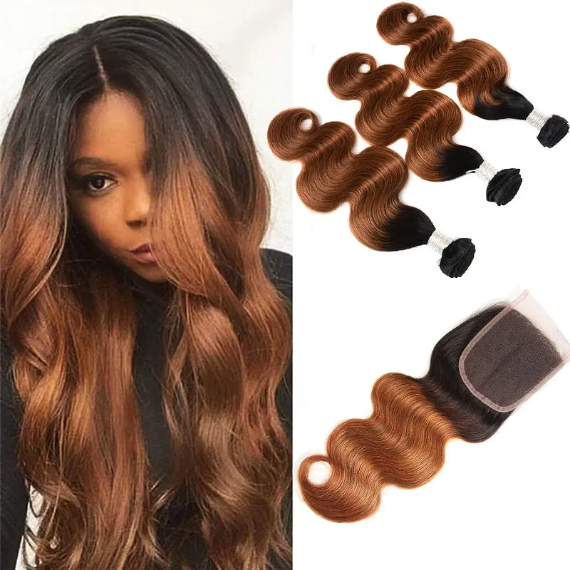 Indian Virgin Hair Cambodian 1B/30 Människohår Body Wave 3 buntar med 4X4 spetsstängning Två toner Färg 1B/30