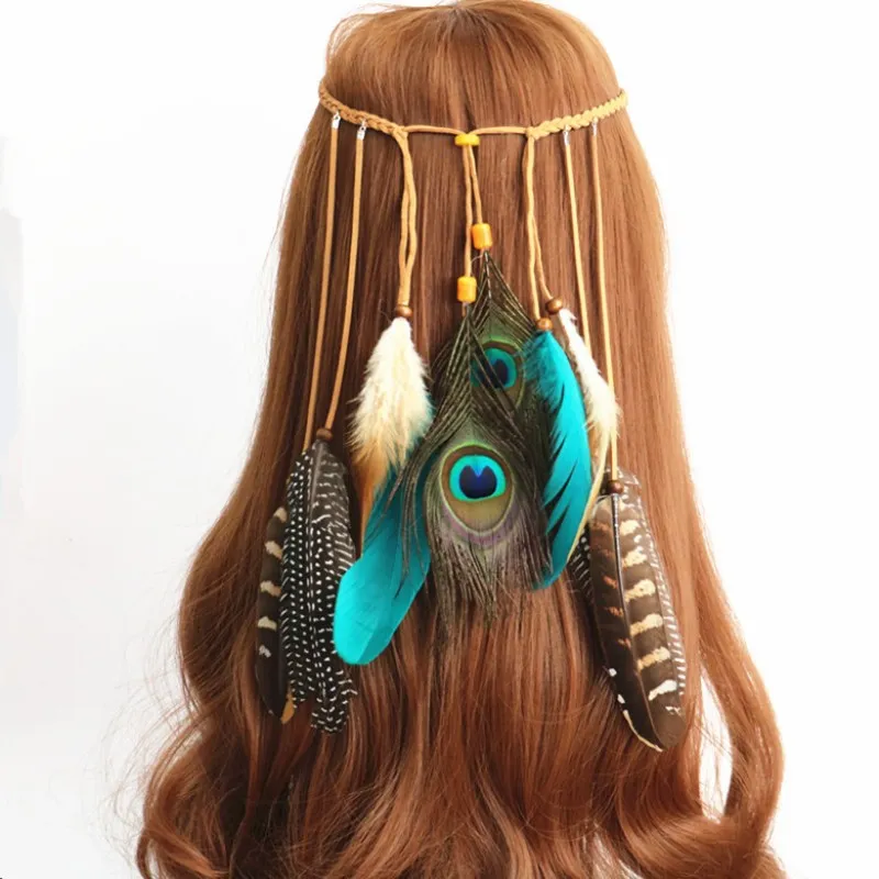 Bohemian Style Headband Peacock Feathers Färg Handgjorda Weave Multi Storey Hair Band Head Chain Ourist Memorial 11hx FF