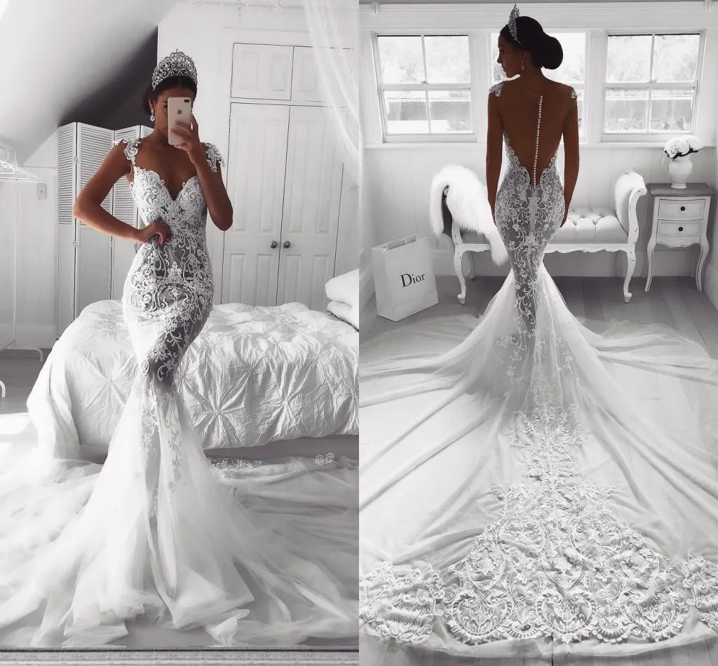 Sexy Sheer 2018 Mermaid Lace Wedding Dresses V Neck Illusion Button Back Court Train Tulle Wedding Dress Bridal Gowns Custom Made