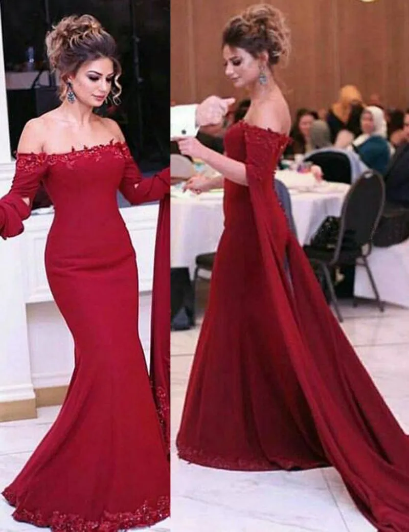 Luxury Burgundy Mermaid Evening Formal Dress Long Off the shoulder With Big Long Sleeves Applique Lace Sequin Beaded Cheap Prom party Dress