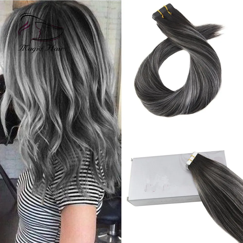 100g Silk Straight Tape In Human Hair Extension Balayage 1b Sliver