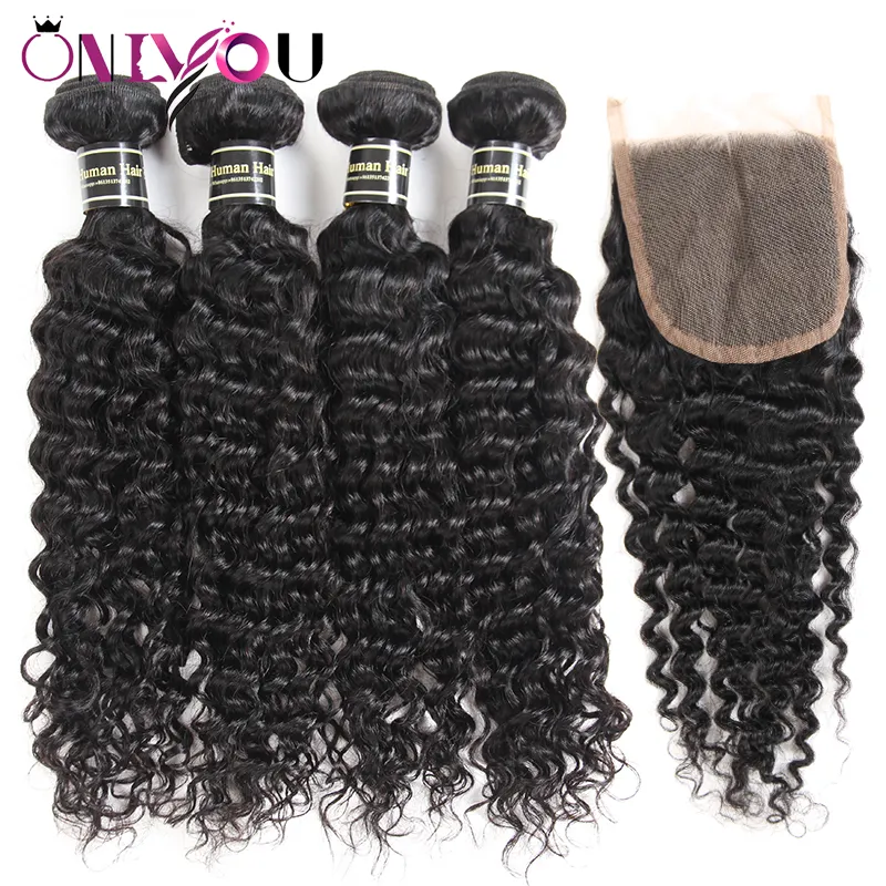 Mink Brazilian Body Deep Water Wave Straight Kinky Curly Virgin Human Hair Weave 4 Bundles with Closure and Lace Frontal Bundle Deal Weaves