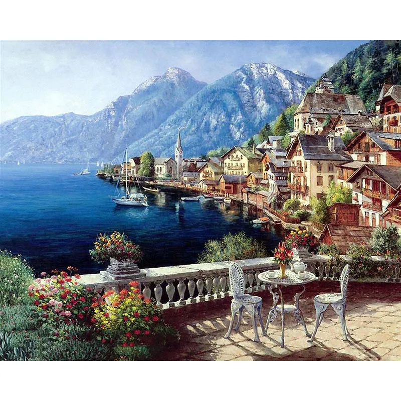 DIY Painting by Numbers Harbor Village Drawing With Brushes Paint for Adults Beginner Level 40x50cm (16 * 20 inch) 3 Styles Select