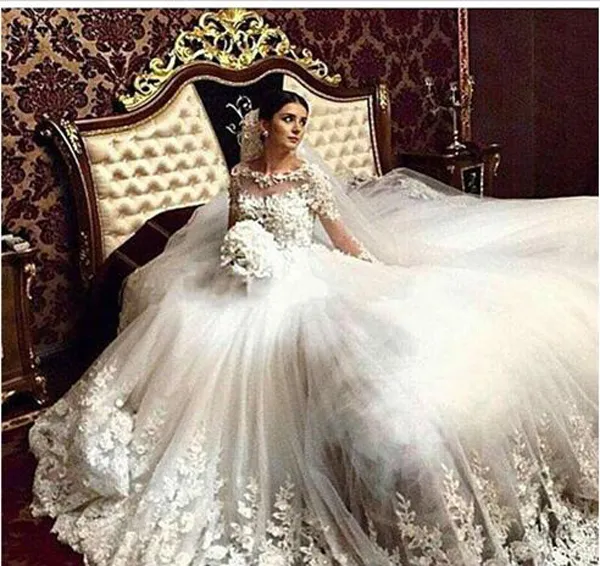 Princess Wedding Dresses,Wedding Dress with Sleeves,Tulle Long Train B -  Wishingdress