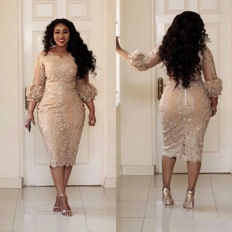 2022 Plus Size Champagne Mãe da Noiva Noivo Vestidos Lace Applique 3/4 Mangas Comprimento Do Chá Do casamento Vestidos de convidado de casamento Vestidos formais