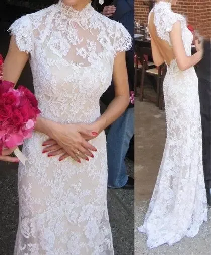 Элегантные свадебные платья русалки с короткими рукавами Высокая шея открытыми спинками сексуальные свадебные платья формальное платье на заказ Успешное свадебное платье