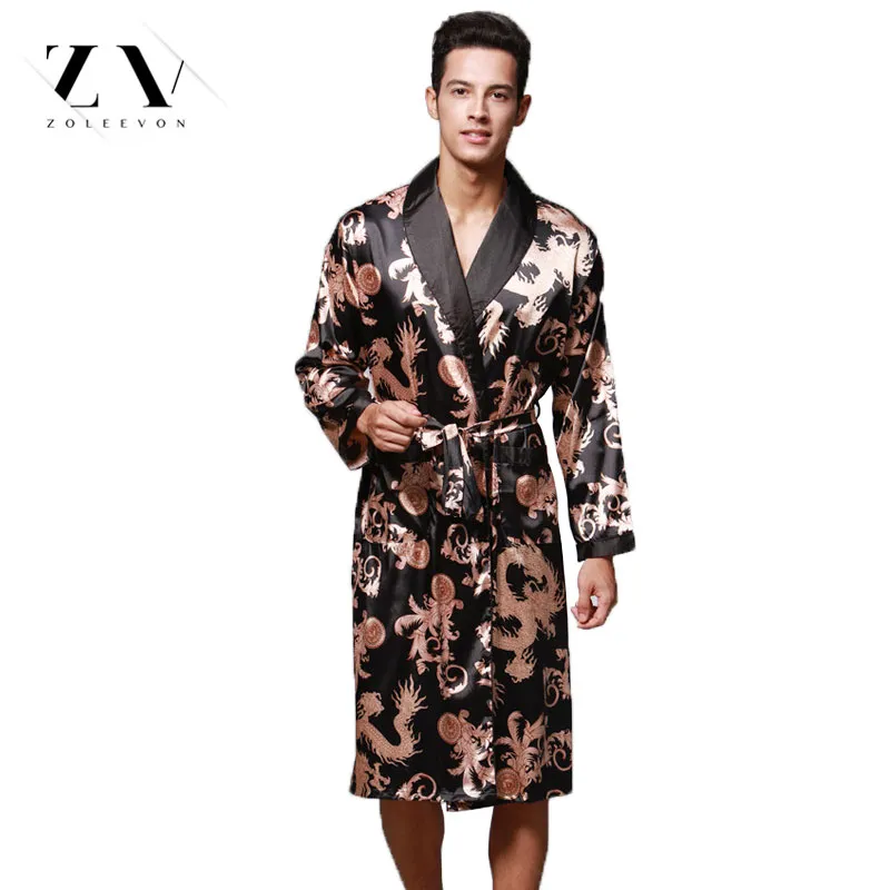 Summer Dragon Bathrobe For Men Print Silk Robes Male Senior Satin Sleepwear Satin Pajamas Long kimono Men Gown Bathrobe