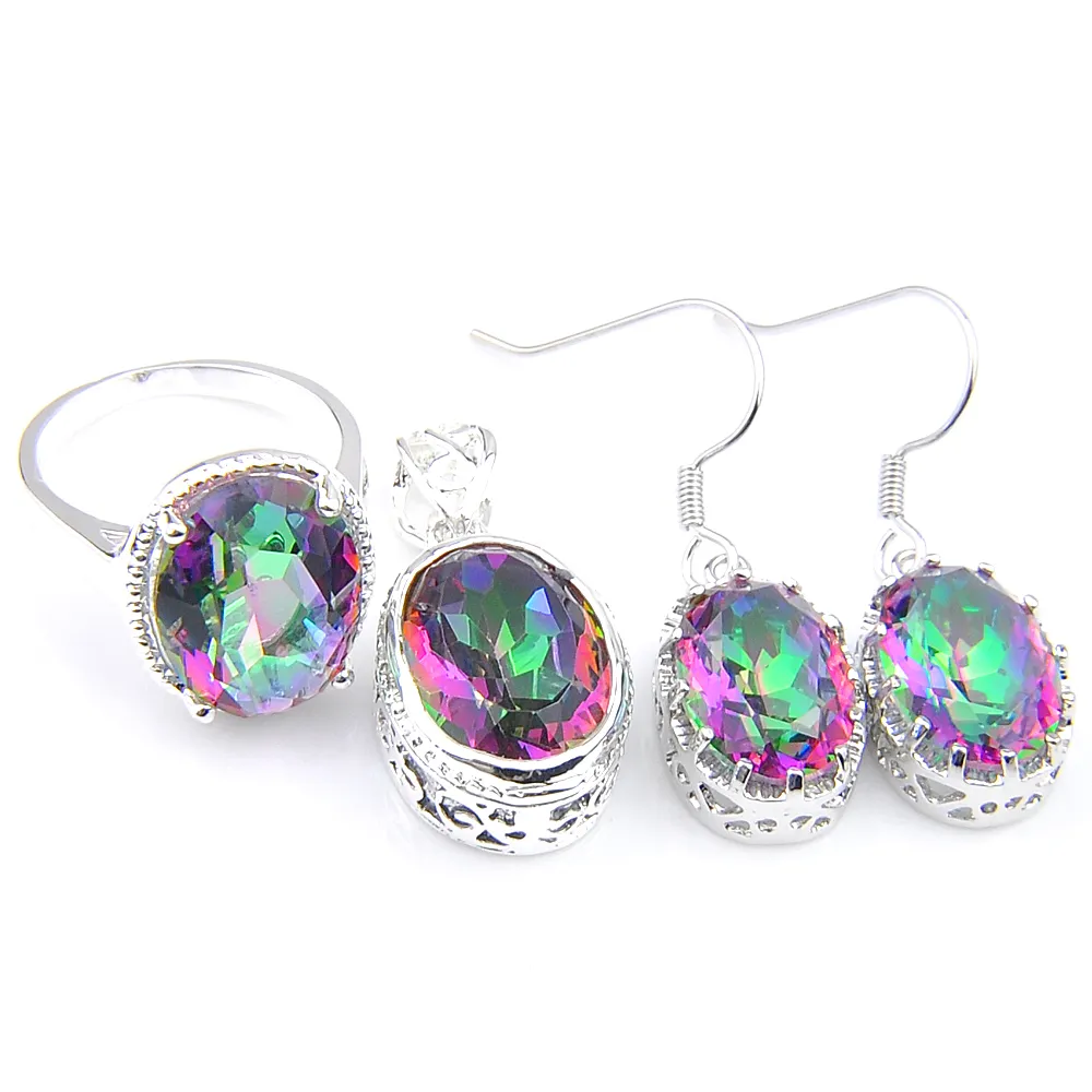 Luckyshine Vintage Oval Fire Rainbow Cubic Zirconia Gems 925 Silver Pendants Ring Örhängen Bröllop Förlovning Smycken Sets