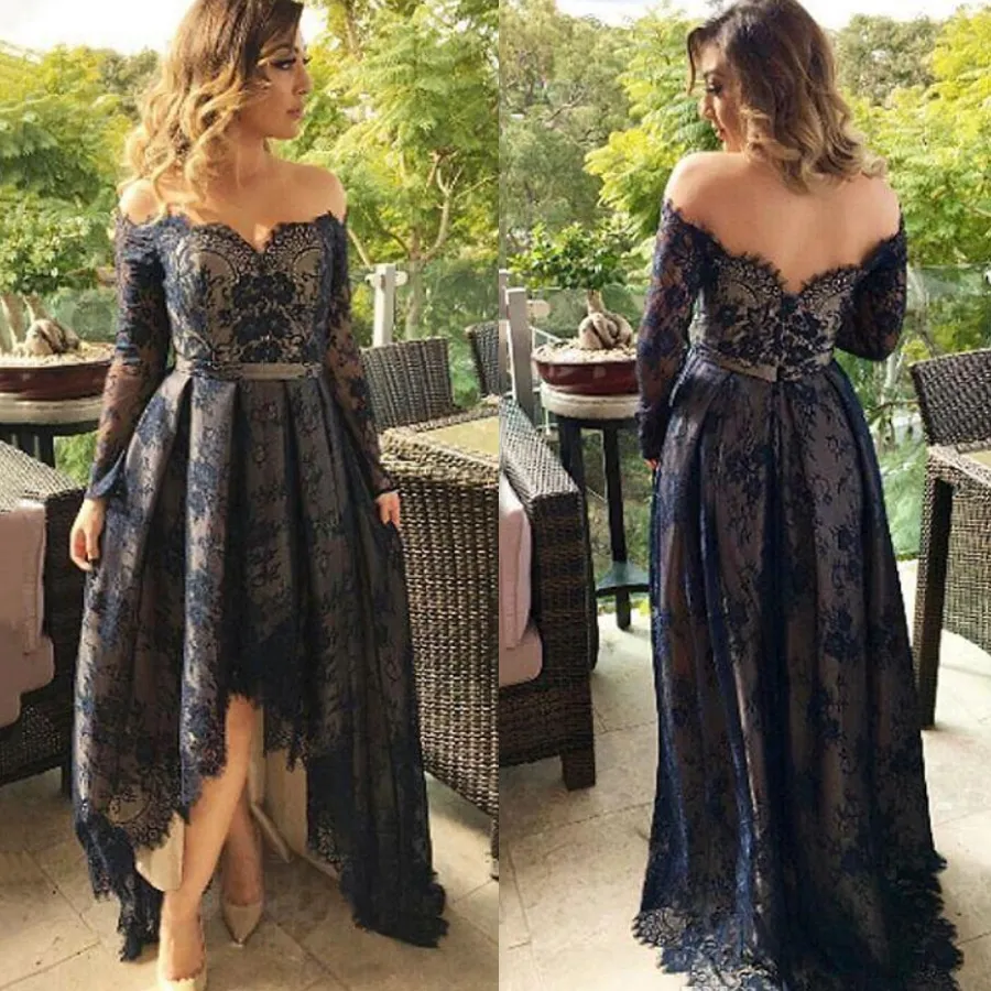 Vintage Lace Dark Navy Avondjurken High Low Sweetheart Halsline Party Cocktails jurken off-shoulder lange prom-jurk op maat gemaakt