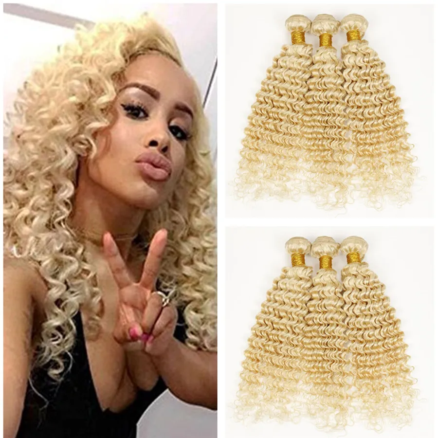 Djupvåg Mänskliga hårbuntar # 613 Platina Blonde Deep Wave Curly Virgin Weaves 3pcs / Lot Human Hair Brazilian Orocess Hår Fast Ship