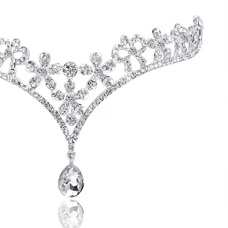 Tocados de mujer de estilo coreano Flor de cristal de Austria Forma de V Gota de agua Corona Tiara Ropa para el cabello Boda Accesorio de joyería nupcial Pieza para la cabeza