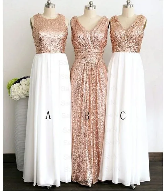 2018 Rose Gold Sequin Top White Chiffon Skirt Long Cheap Bridesmaids Dresses V neck Jewel Style Ruched For Wedding Country Prom Formal Dress