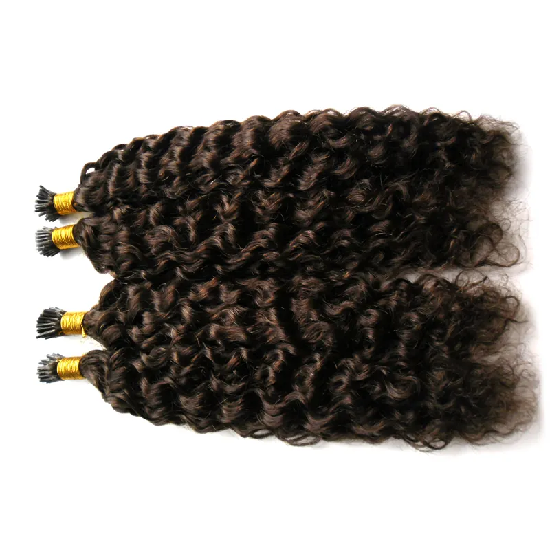 Cheveux bouclés crépus mongols I Tip Extension de cheveux 200gstrands afro crépus bouclés Extensions de cheveux humains pré-collés 2 brun le plus foncé6865172