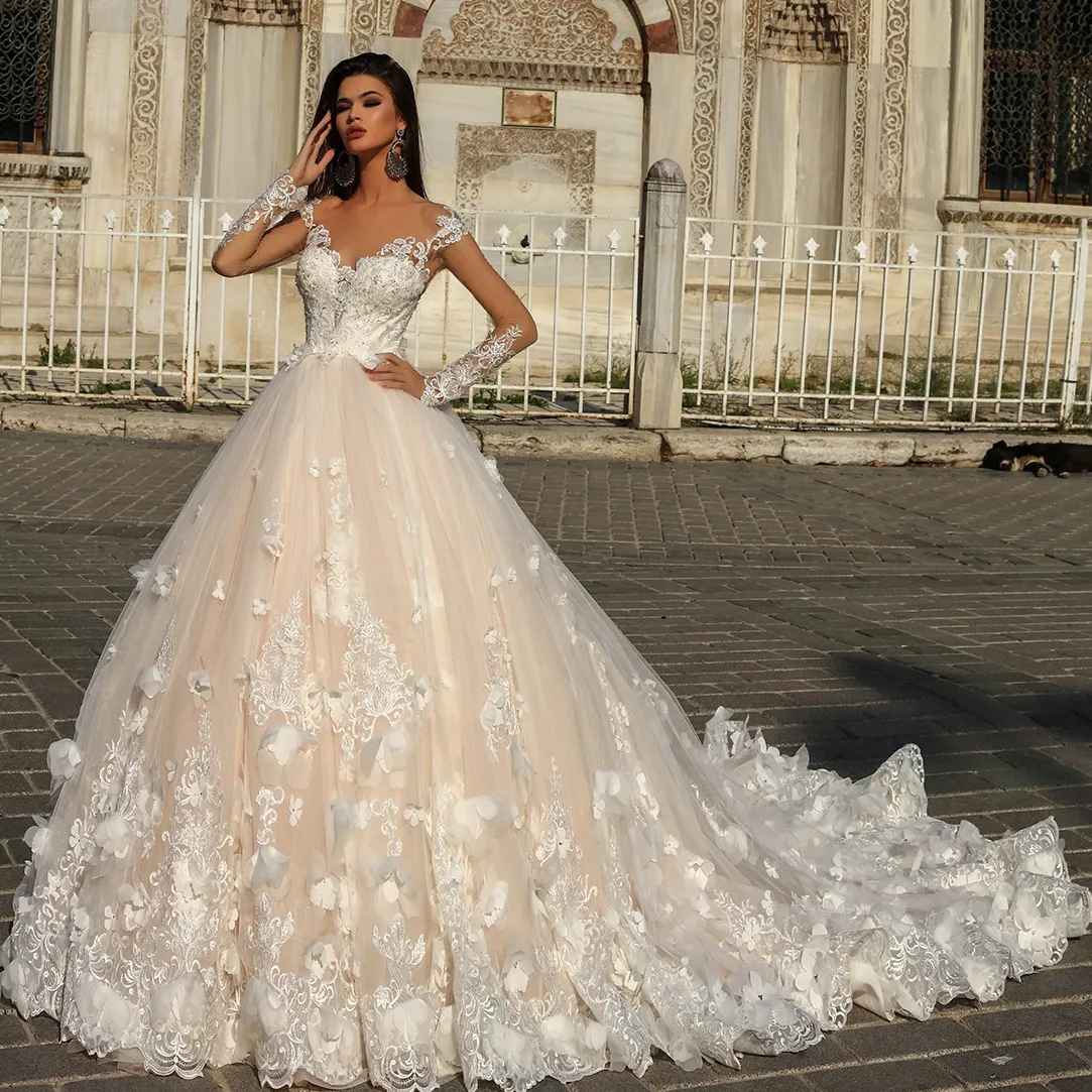 2018 Enchantment A-Linie Tüll Brautkleid Sexy schiere lange Ärmel Blumenspitze Applikation Brautkleid Kristall Design Couture Brautkleider