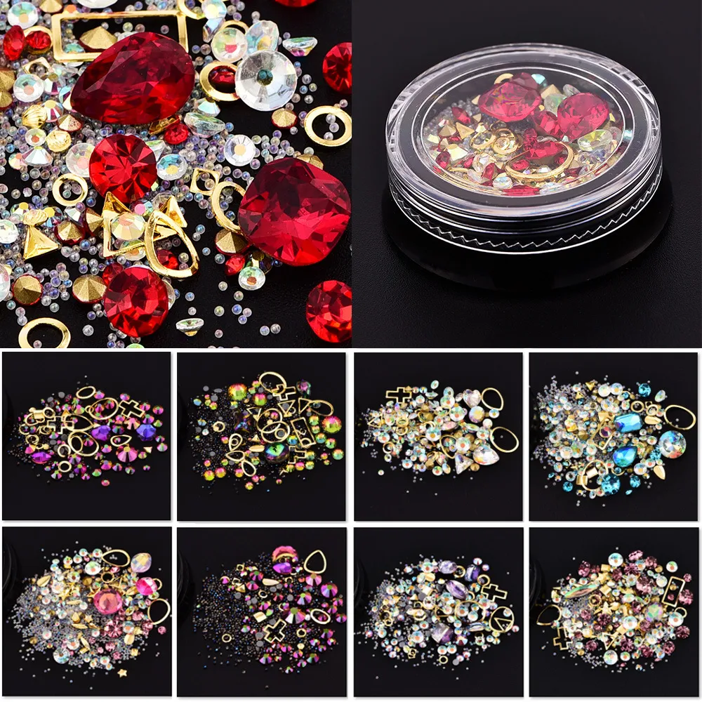 Nail Art Decoration Charm Gem Pärlor Rhinestone Hollow Shell Flake Flatback Rivet Blandad Glänsande Glitter 3D DIY Tillbehör