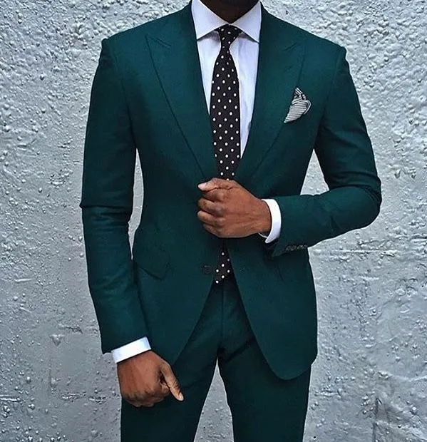 Dark Green Wedding Tuxedos Slim Fit Men's Business Suit Kurtka + Spodnie Męskie Garnitury Dwa Guziki Garnitury Ślubne Groomsmen Tuxedos