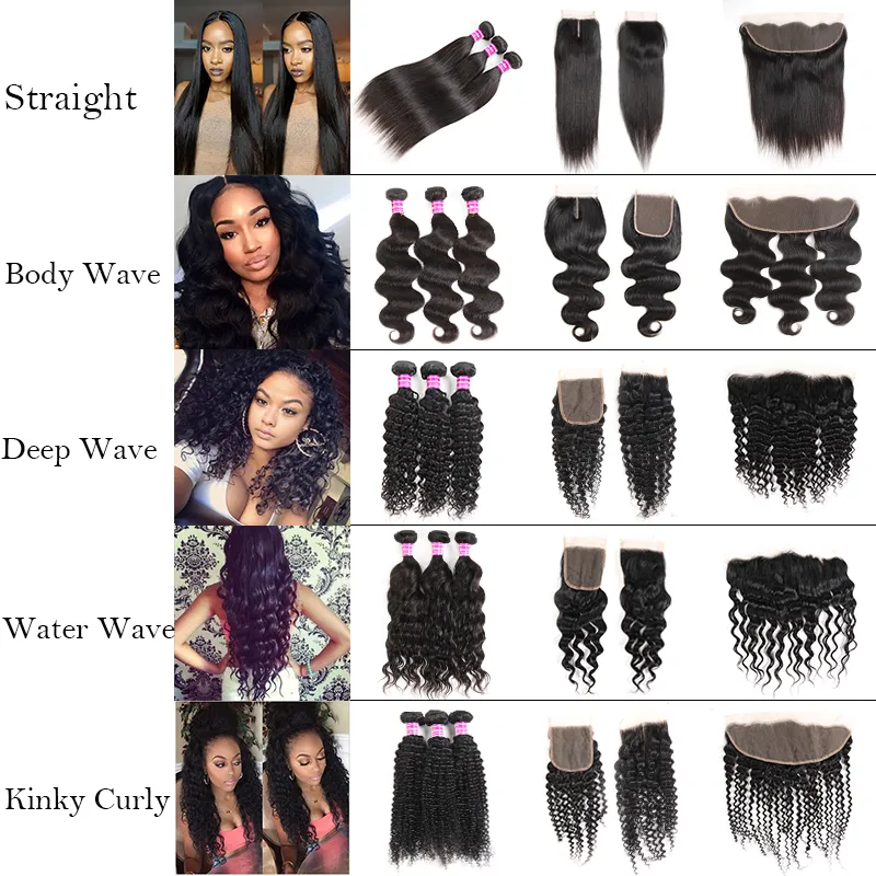 10A grade human hair straight body deep water wave kinky curly bundles with lace closure frontal brazilian virgin Weave Weft Extensions Wet and wavy