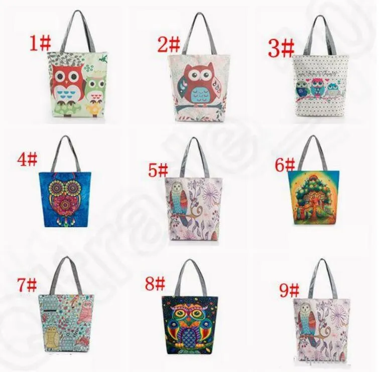 Women Casual Travel Beach Bag Embroidered Floral Handbag Night Owl Printed Shoulder Bags Canvas Birds Lady Shopping Bag Totes