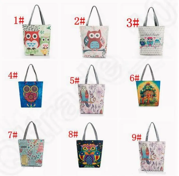 Kvinnor Casual Travel Beach Bag Broderad Floral Handväska Natt Uggla Tryckta Axelväskor Kanfas Birds Lady Shopping Bag Totes