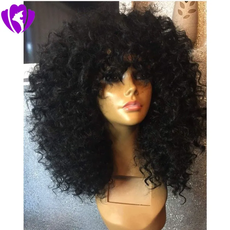 Perucas encaracoladas afro kinky pretas naturais com franja resistente ao calor Gluelese curto perucas sintéticas dianteiras do laço com franja para mulheres negras