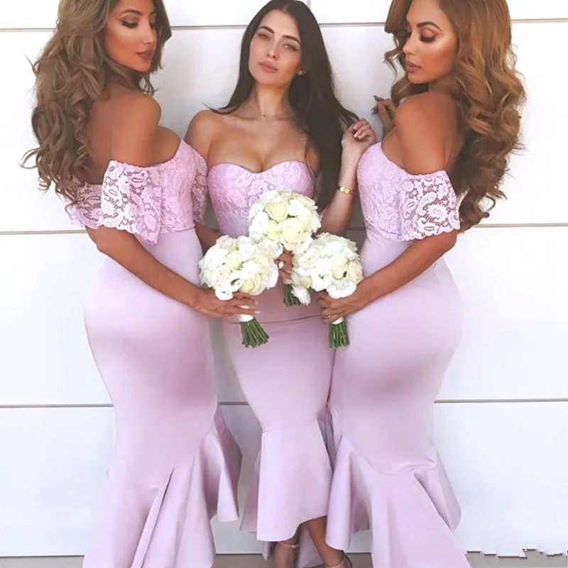 Dubai Stylish Mermaid Bridesmaid Dresses Off Shoulder Lace Short Sleeves Ankle Length Cocktail Dresses Wedding Party Prom Gowns DH4073