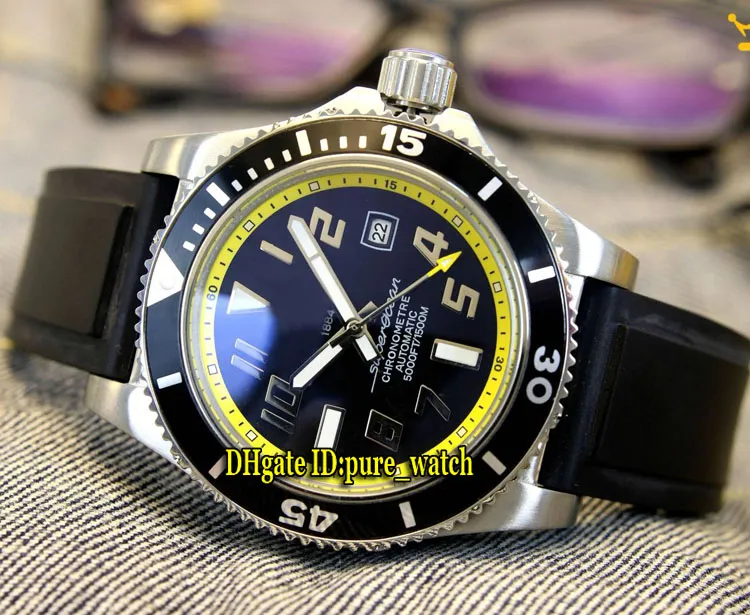 Bon marché Nouveau 42 A1736402 / BA32 / 150S / A18S.1 Cadran noir Cercle intérieur jaune Cercle automatique Montre Automatique Sangle de caoutchouc Gent Sport Montres de sport Pure_time