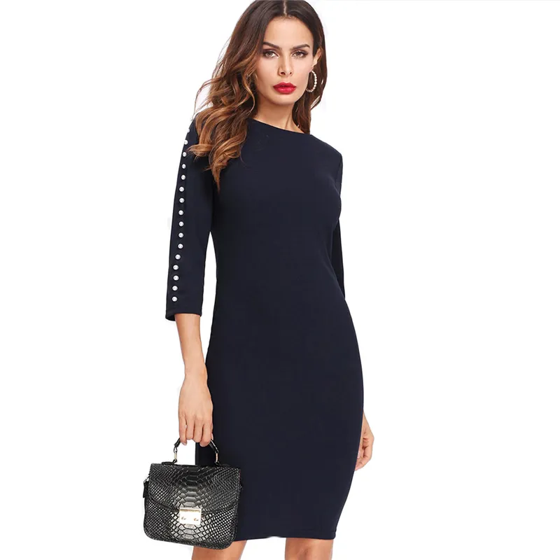 Sheinside Navy Pearls Beaded Sheath Pencil Dress Three Quarter Length Sleeve Zipper Dress 2018 Winter Women Office Ladies Dress