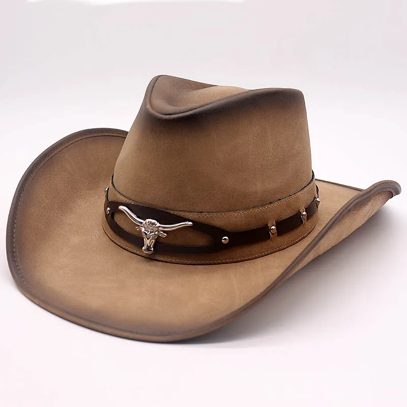 Nuovo cappello da cowboy di moda di alta qualità in finta pelle con decorazione in metallo a tesa larga da uomo occidentale da donna