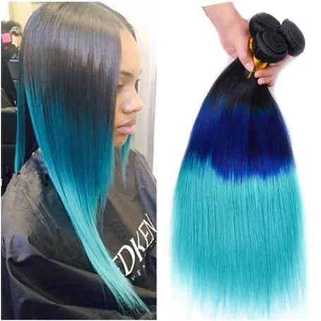 Trzy Tone 1B / Niebieski / TEAL Ombre Brazylijski Ludzki Włosy Wiązki Wiązki 3 SZTUK Silky Proste Virgin Remy Włosy Pakiet Ombre Double Wefts