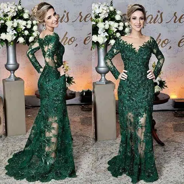 New Sexy Dark Green Mermaid Mother Off Bride Dresses Sheer V Neck Long Sleeves Lace Applique Beads Sweep Train Wedding Guest Evening Gowns