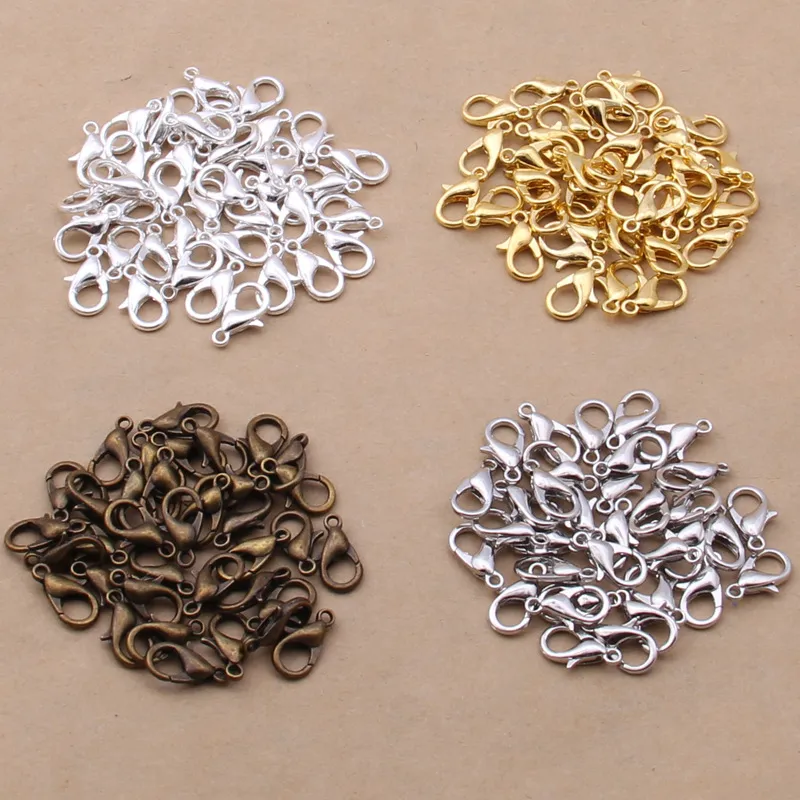 300 pièces 15 MM résultats de bijoux Bronze or rose or noir rhodium argent homard fermoir crochets pour collier Chain308M
