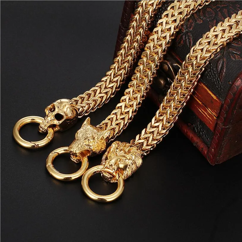 Punk Rock Herren Coole Geschenke Biker Edelstahl Gold Doppel Figaro Kettenarmband Wolf/Löwe/Schädel Köpfe Verschluss Armreif