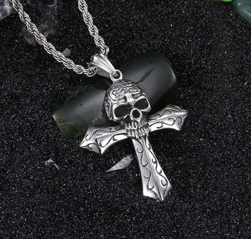 Collier Homme Pendentif Croix Et Tête De Mort - Style Gothique Rétro, Chaîne 61 Cm, Cadeau
