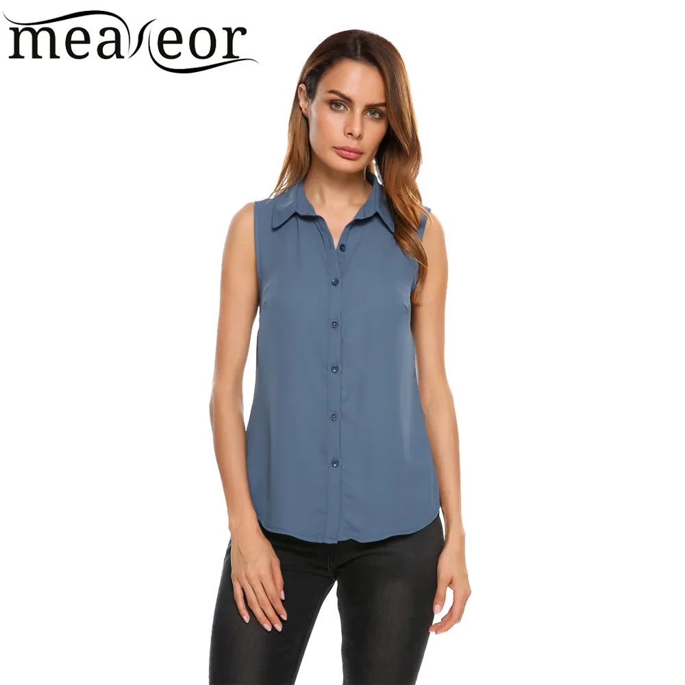 Womens Chiffon Blouse, Sleeveless Solid Casual Slim Fit Button