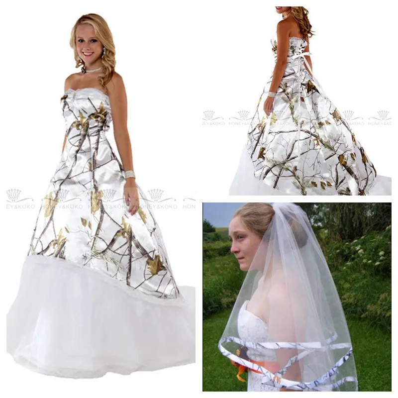 Sweetheart Camo White Real Tree A-Line Wedding Dresses 2023 med Veil Bridal Gowns spetsar upp Custom Camouflage Vestidos de Wedding Wear